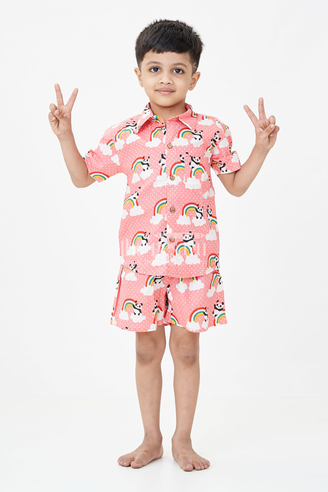 The Nesavu Boys Casual Set Boys Pink Casual Shirt Set with Panda and Rainbow Digital Print in Soft Cotton Nesavu 16 (1Y) / Pink BCS267A-16 Nesavu Boys Pink Casual Shirt Cotton Set Panda Rainbow Print Matching Shorts