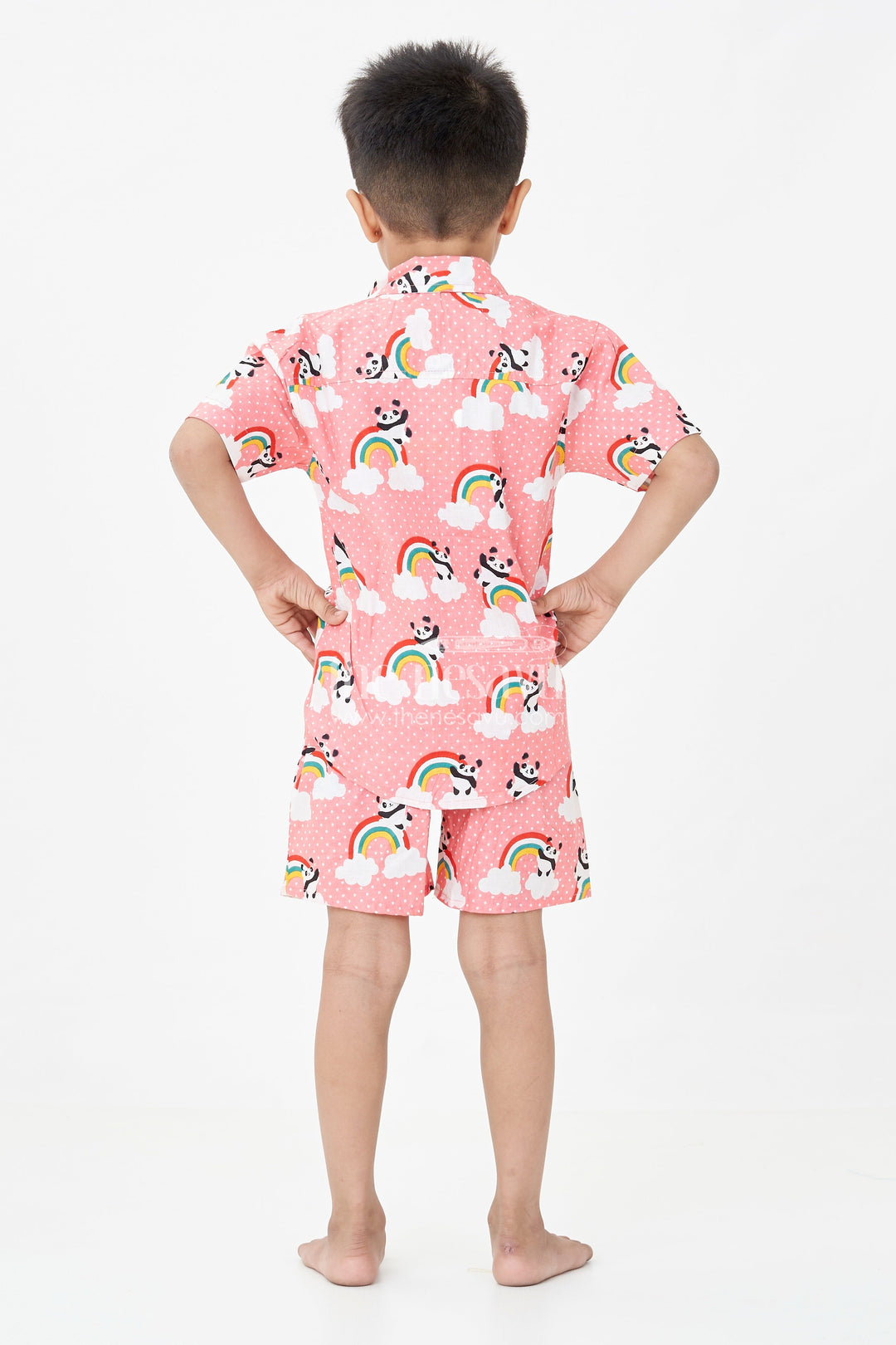 The Nesavu Boys Casual Set Boys Pink Casual Shirt Set with Panda and Rainbow Digital Print in Soft Cotton Nesavu Nesavu Boys Pink Casual Shirt Cotton Set Panda Rainbow Print Matching Shorts