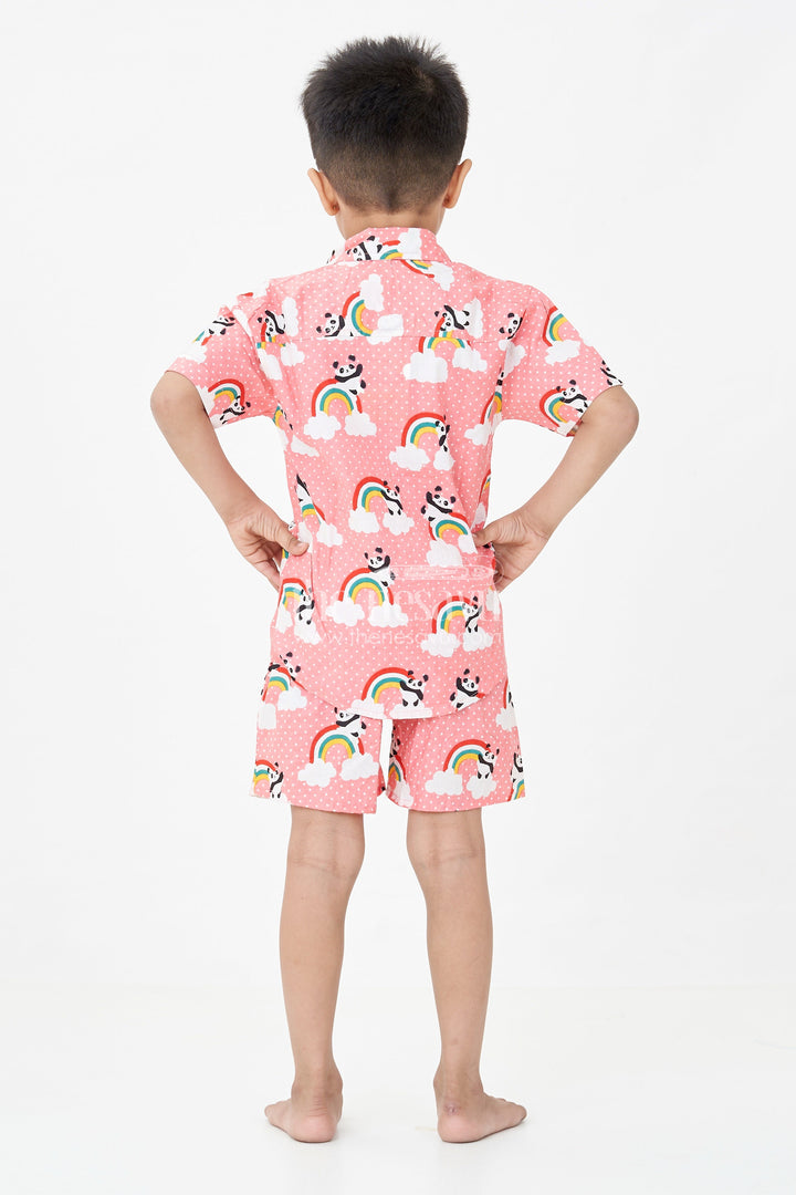 The Nesavu Boys Casual Set Boys Pink Casual Shirt Set with Panda and Rainbow Digital Print in Soft Cotton Nesavu Nesavu Boys Pink Casual Shirt Cotton Set Panda Rainbow Print Matching Shorts
