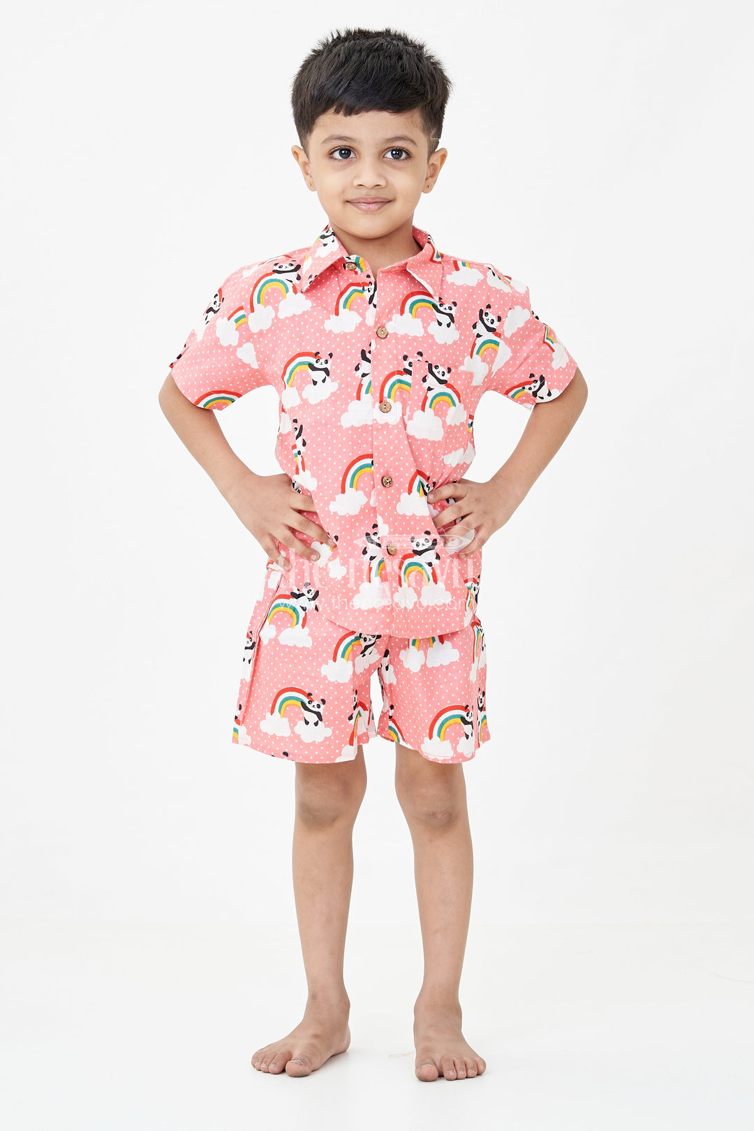 The Nesavu Boys Casual Set Boys Pink Casual Shirt Set with Panda and Rainbow Digital Print in Soft Cotton Nesavu Nesavu Boys Pink Casual Shirt Cotton Set Panda Rainbow Print Matching Shorts