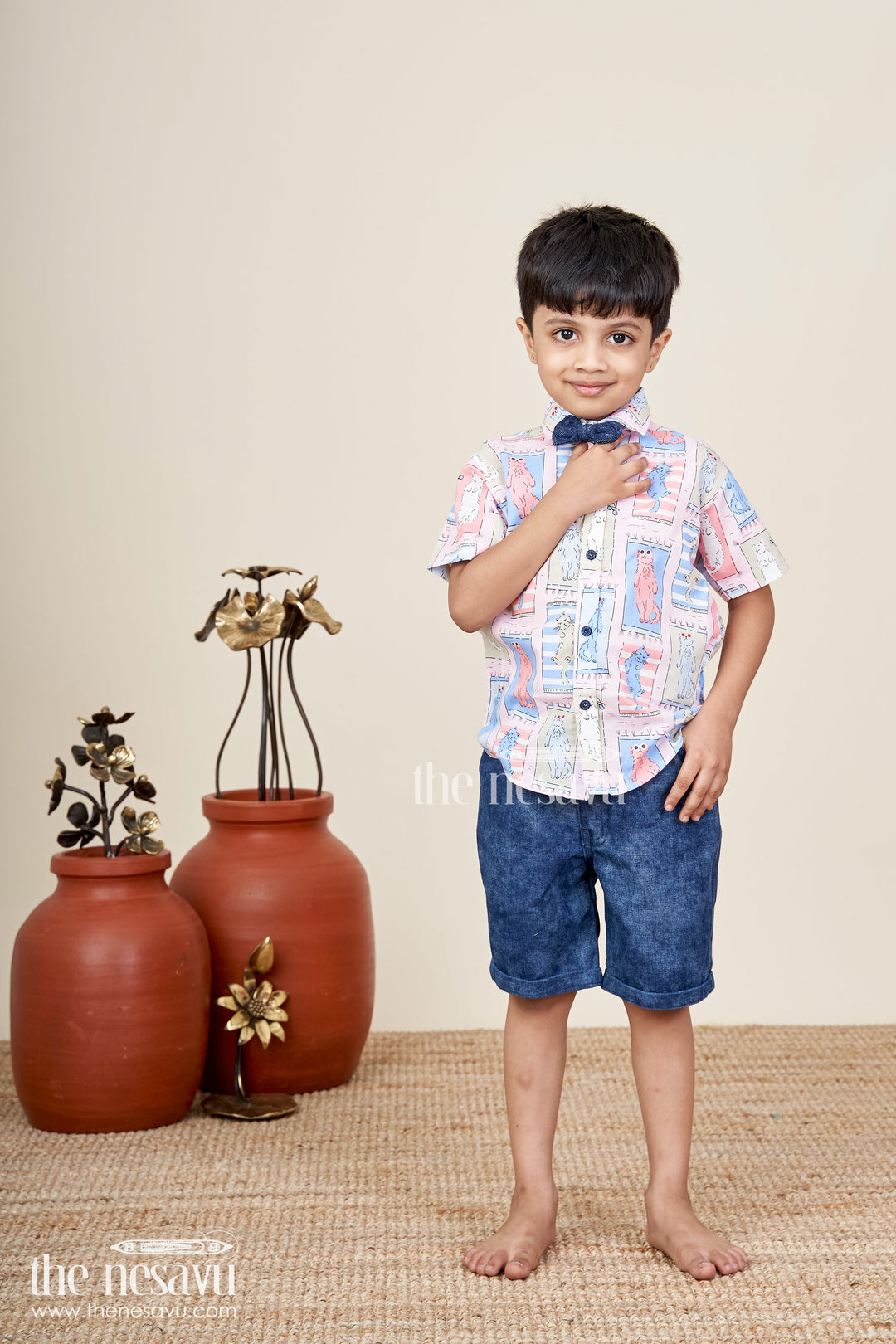 The Nesavu Boys Casual Set Boys pink cat print shirt and denim shorts set Nesavu 14 (6M) / Multicolor BCS391A-14 Nesavu boys pink cat print shirt and denim shorts set fun casualwear for toddlers