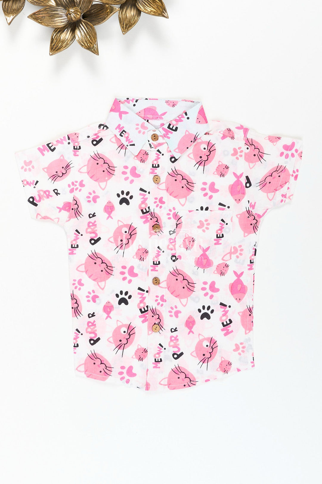 The Nesavu Boys Cotton Shirt Boys pink cat print shirt for birthdays and playdates Nesavu 20 (3Y) / Pink BS320A-20 Nesavu boys cotton shirt pink cat print  playful outfit birthdays everyday fun