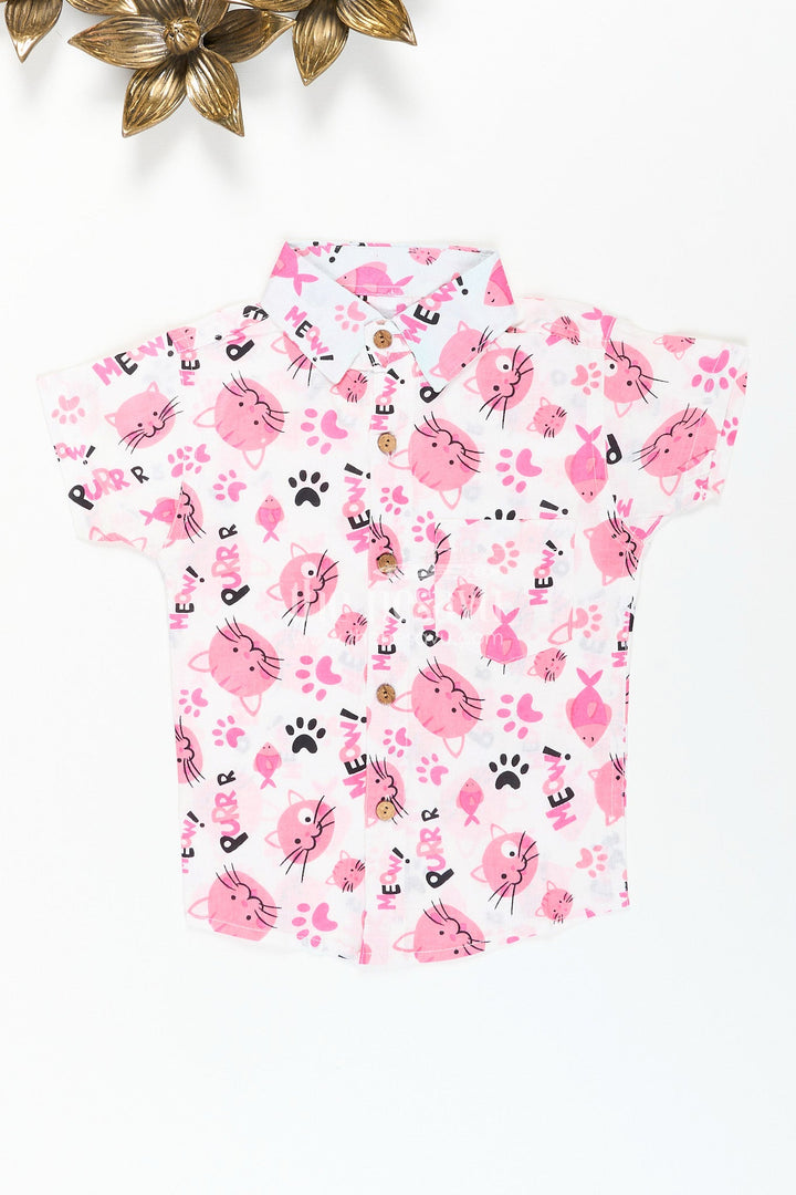 The Nesavu Boys Cotton Shirt Boys pink cat print shirt for birthdays and playdates Nesavu 20 (3Y) / Pink BS320A-20 Nesavu boys cotton shirt pink cat print  playful outfit birthdays everyday fun