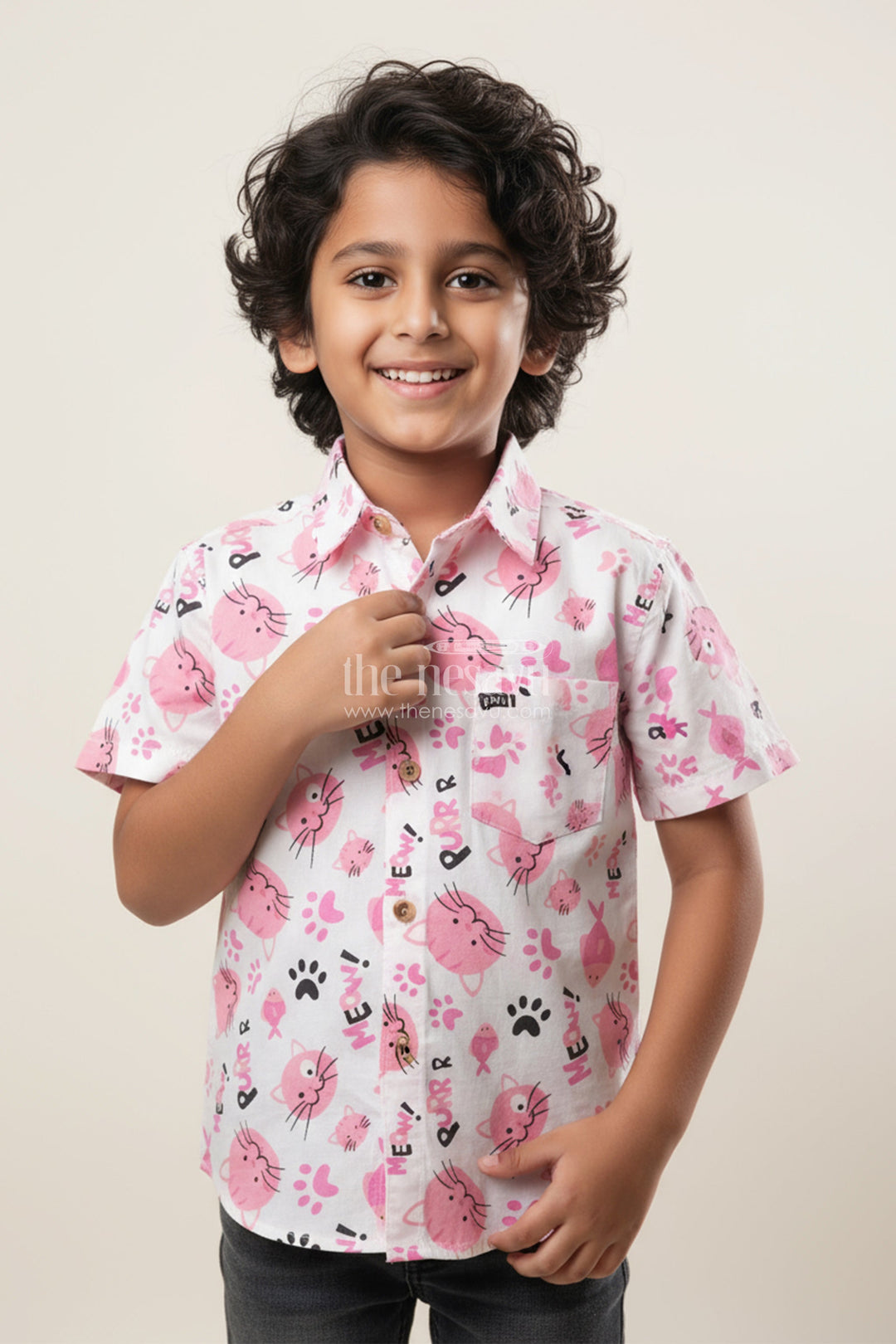 The Nesavu Boys Cotton Shirt Boys Pink Cat Print Shirt for Birthdays and Playdates Nesavu 20 (3Y) / Pink BS320A-20 Nesavu boys cotton shirt pink cat print  playful outfit birthdays everyday fun