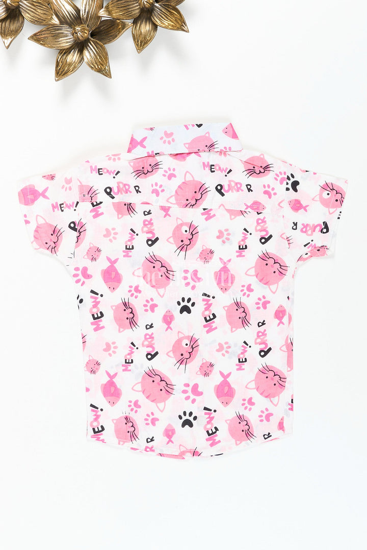 The Nesavu Boys Cotton Shirt Boys pink cat print shirt for birthdays and playdates Nesavu Nesavu boys cotton shirt pink cat print  playful outfit birthdays everyday fun
