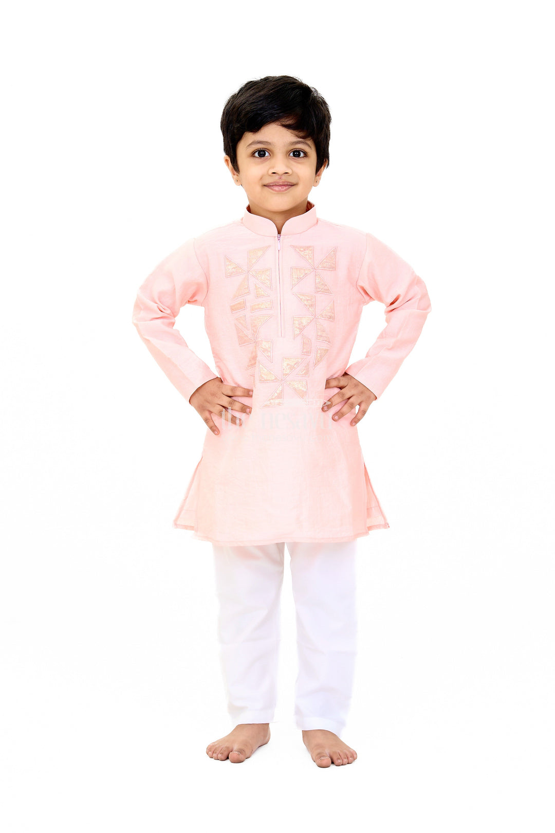 The Nesavu Boys Kurtha Set Boys Pink Cotton Kurta with Subtle Embroidery and White Pants for Traditional Wear Nesavu 16 (1Y) / Pink BES617B-16 Boys Pink Cotton Kurta Subtle Embroidery White Pants Traditional Wear | The Nesavu