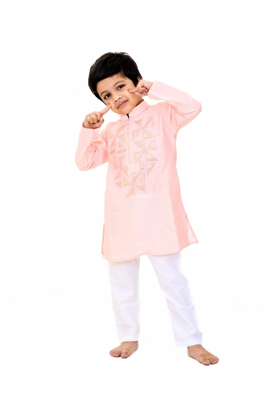 The Nesavu Boys Kurtha Set Boys Pink Cotton Kurta with Subtle Embroidery and White Pants for Traditional Wear Nesavu Boys Pink Cotton Kurta Subtle Embroidery White Pants Traditional Wear | The Nesavu