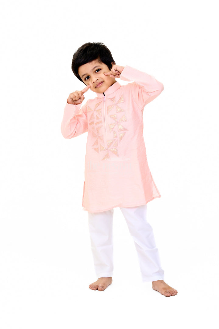 The Nesavu Boys Kurtha Set Boys Pink Cotton Kurta with Subtle Embroidery and White Pants for Traditional Wear Nesavu Boys Pink Cotton Kurta Subtle Embroidery White Pants Traditional Wear | The Nesavu