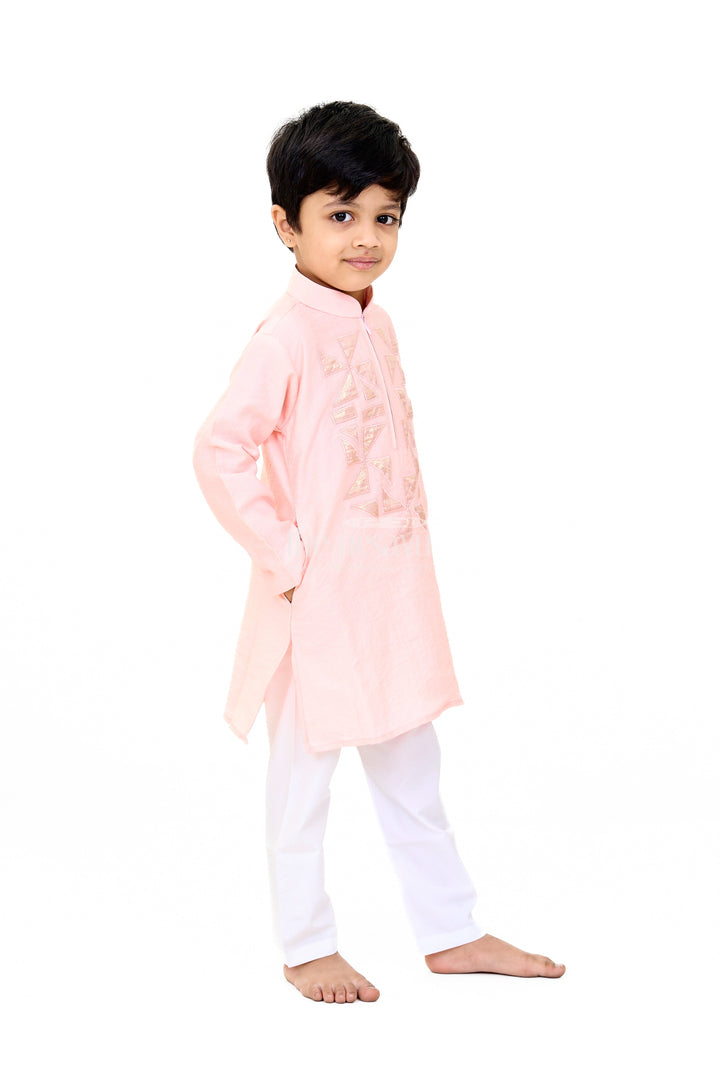 The Nesavu Boys Kurtha Set Boys Pink Cotton Kurta with Subtle Embroidery and White Pants for Traditional Wear Nesavu Boys Pink Cotton Kurta Subtle Embroidery White Pants Traditional Wear | The Nesavu