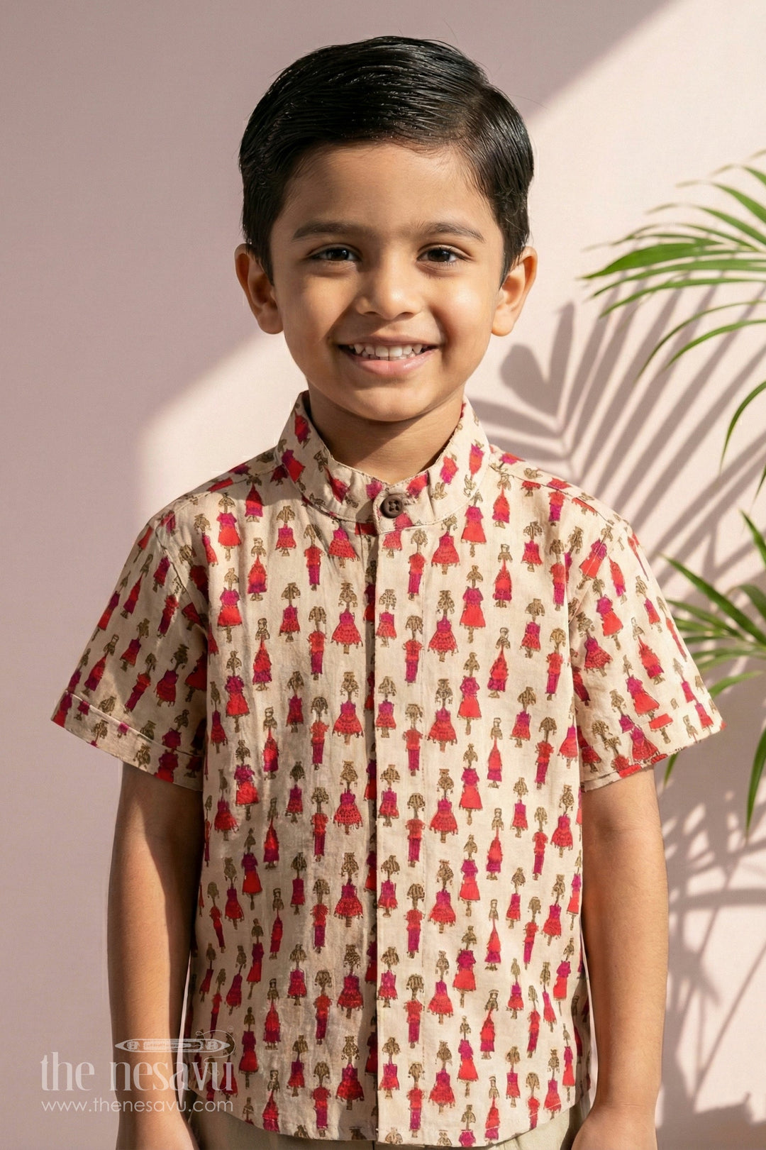 The Nesavu Boys Cotton Shirt Boys Pink Cotton Shirt with Little Girl Print and Short Sleeves for Playful Casual Wear Nesavu 16 (1Y) / Pink BS172A-16 Nesavu Boys Pink Cotton Shirt Fun Little Girl Print Stylish Casual Wear