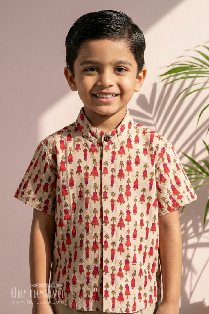 The Nesavu Boys Cotton Shirt Boys Pink Cotton Shirt with Little Girl Print and Short Sleeves for Playful Casual Wear Nesavu 16 (1Y) / Pink BS172A-16 Nesavu Boys Pink Cotton Shirt Fun Little Girl Print Stylish Casual Wear