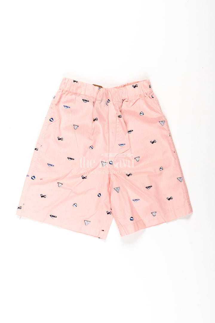 The Nesavu Boys Shorts Boys Pink Cotton Summer Shorts Shorts with Sunglasses and Beach Icons All Over Digital Print Nesavu 18 (2Y) / Pink BWS047A-18 Nesavu Boys Pink Cotton Summer Shorts Beach-Themed Digital Print Comfortable Elastic Fit