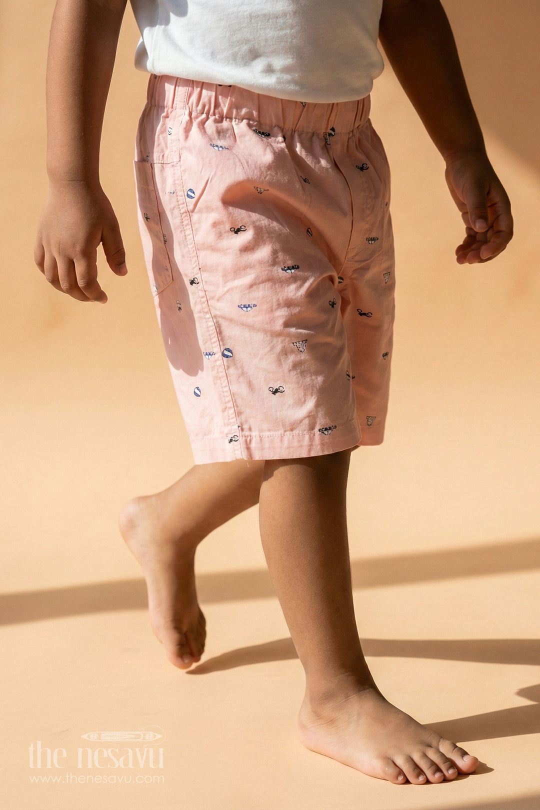 The Nesavu Boys Shorts Boys Pink Cotton Summer Shorts Shorts with Sunglasses and Beach Icons All Over Digital Print Nesavu 18 (2Y) / Pink BWS047A-18 Nesavu Boys Pink Cotton Summer Shorts Beach-Themed Digital Print Comfortable Elastic Fit