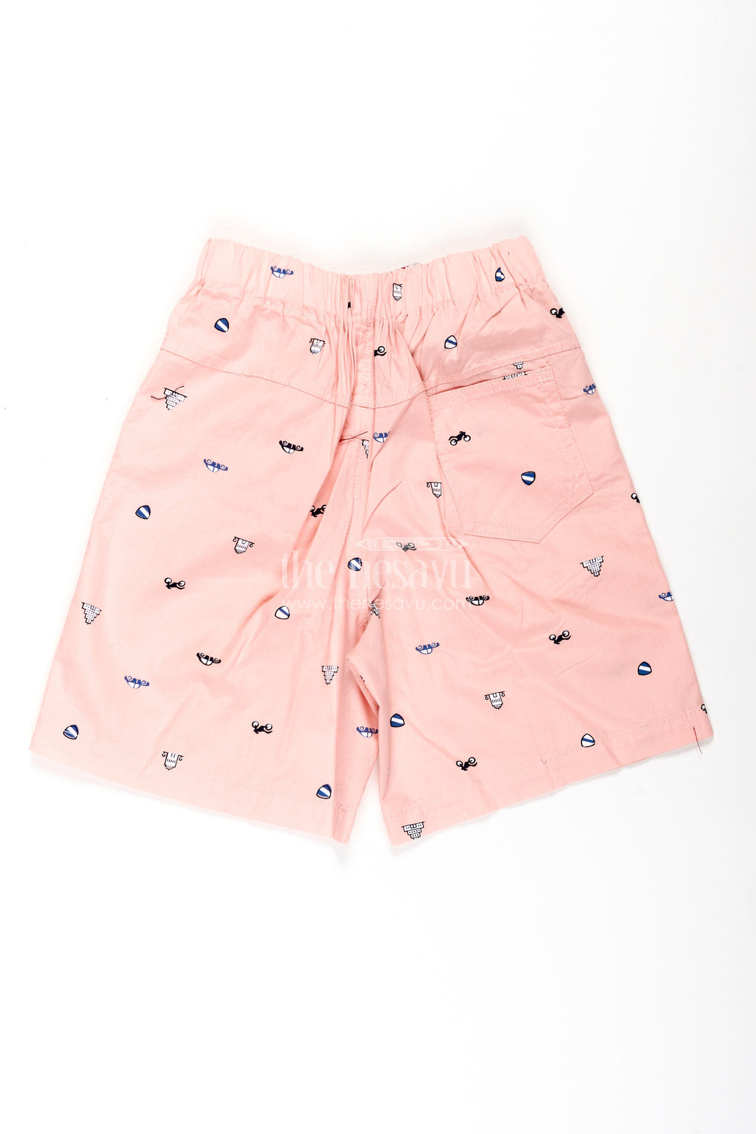 The Nesavu Boys Shorts Boys Pink Cotton Summer Shorts Shorts with Sunglasses and Beach Icons All Over Digital Print Nesavu Nesavu Boys Pink Cotton Summer Shorts Beach-Themed Digital Print Comfortable Elastic Fit