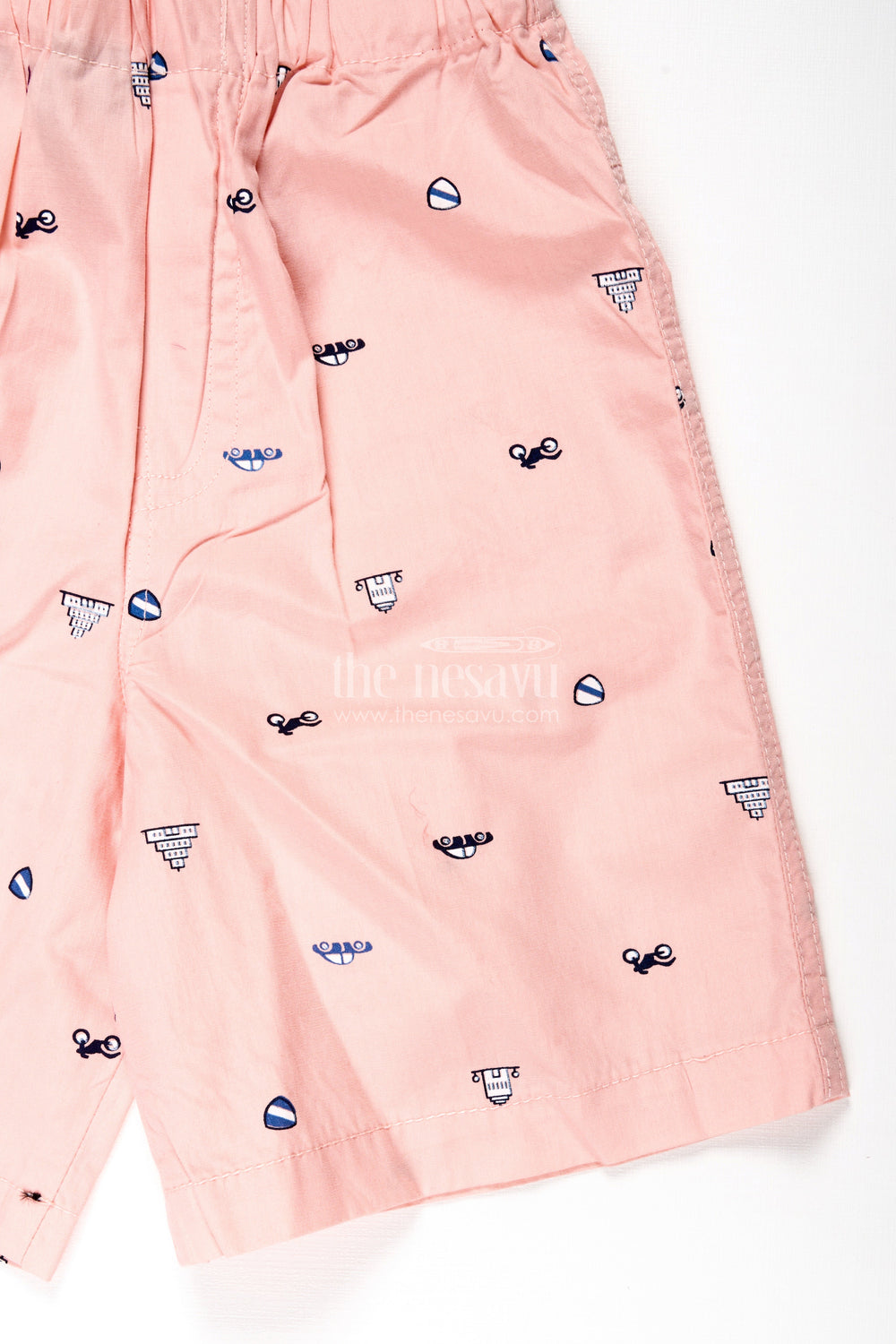 The Nesavu Boys Shorts Boys Pink Cotton Summer Shorts Shorts with Sunglasses and Beach Icons All Over Digital Print Nesavu Nesavu Boys Pink Cotton Summer Shorts Beach-Themed Digital Print Comfortable Elastic Fit