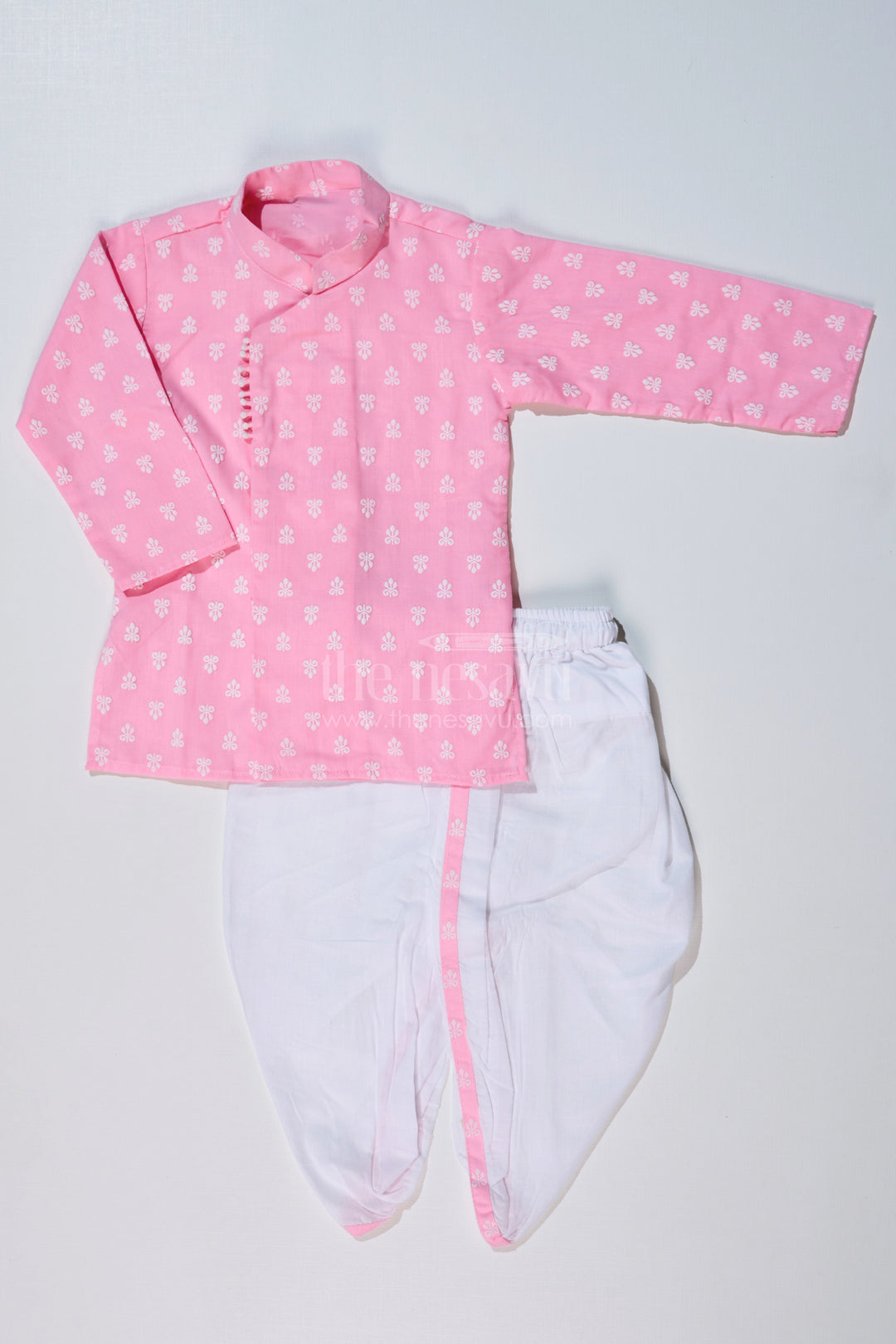 The Nesavu Boys Dothi Set Boys Pink Dhoti Kurta for Pooja with Chikankari Embroidery and White Dhoti Nesavu 16 (1Y) / Pink BES630B-16 Boys Pink Chikankari Embroidered Dhoti Kurta Festive Pooja Wear | The Nesavu