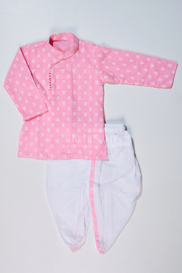 The Nesavu Boys Dothi Set Boys Pink Dhoti Kurta for Pooja with Chikankari Embroidery and White Dhoti Nesavu 16 (1Y) / Pink BES630B-16 Boys Pink Chikankari Embroidered Dhoti Kurta Festive Pooja Wear | The Nesavu