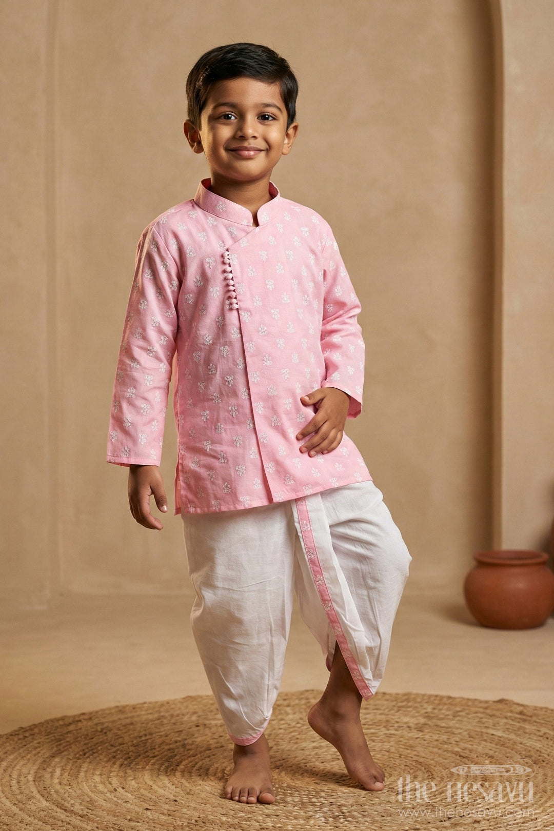 The Nesavu Boys Dothi Set Boys Pink Dhoti Kurta for Pooja with Chikankari Embroidery and White Dhoti Nesavu 16 (1Y) / Pink BES630B-16 Boys Pink Chikankari Embroidered Dhoti Kurta Festive Pooja Wear | The Nesavu