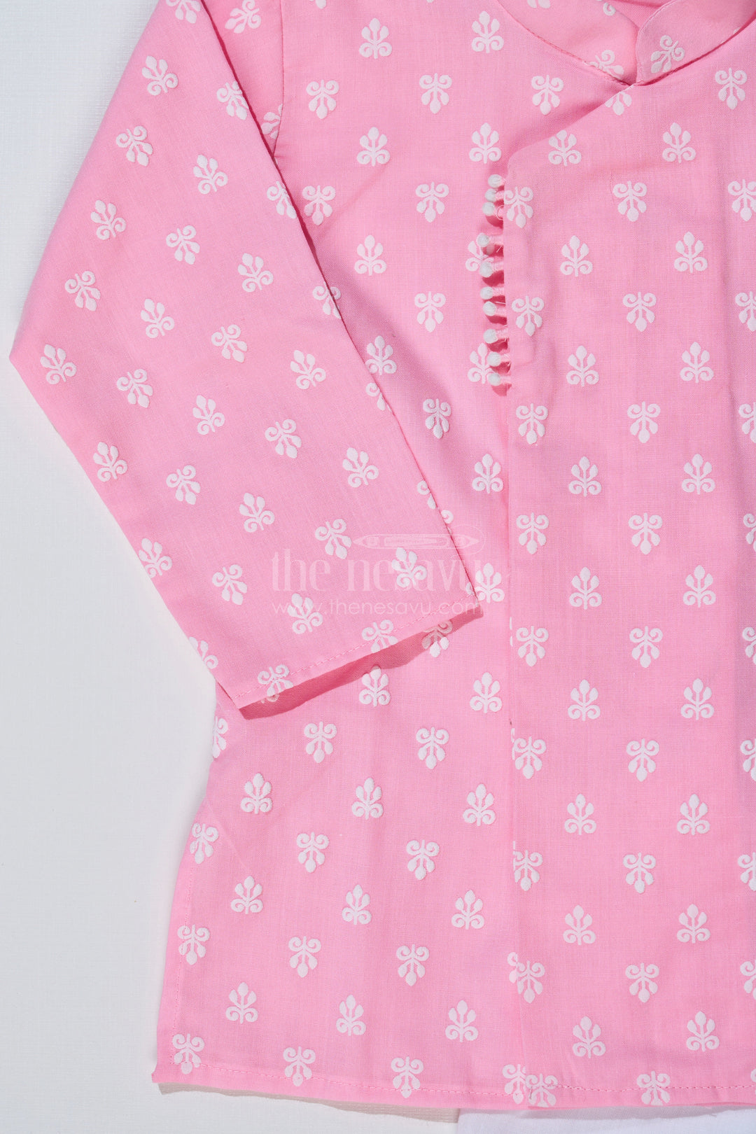 The Nesavu Boys Dothi Set Boys Pink Dhoti Kurta for Pooja with Chikankari Embroidery and White Dhoti Nesavu Boys Pink Chikankari Embroidered Dhoti Kurta Festive Pooja Wear | The Nesavu