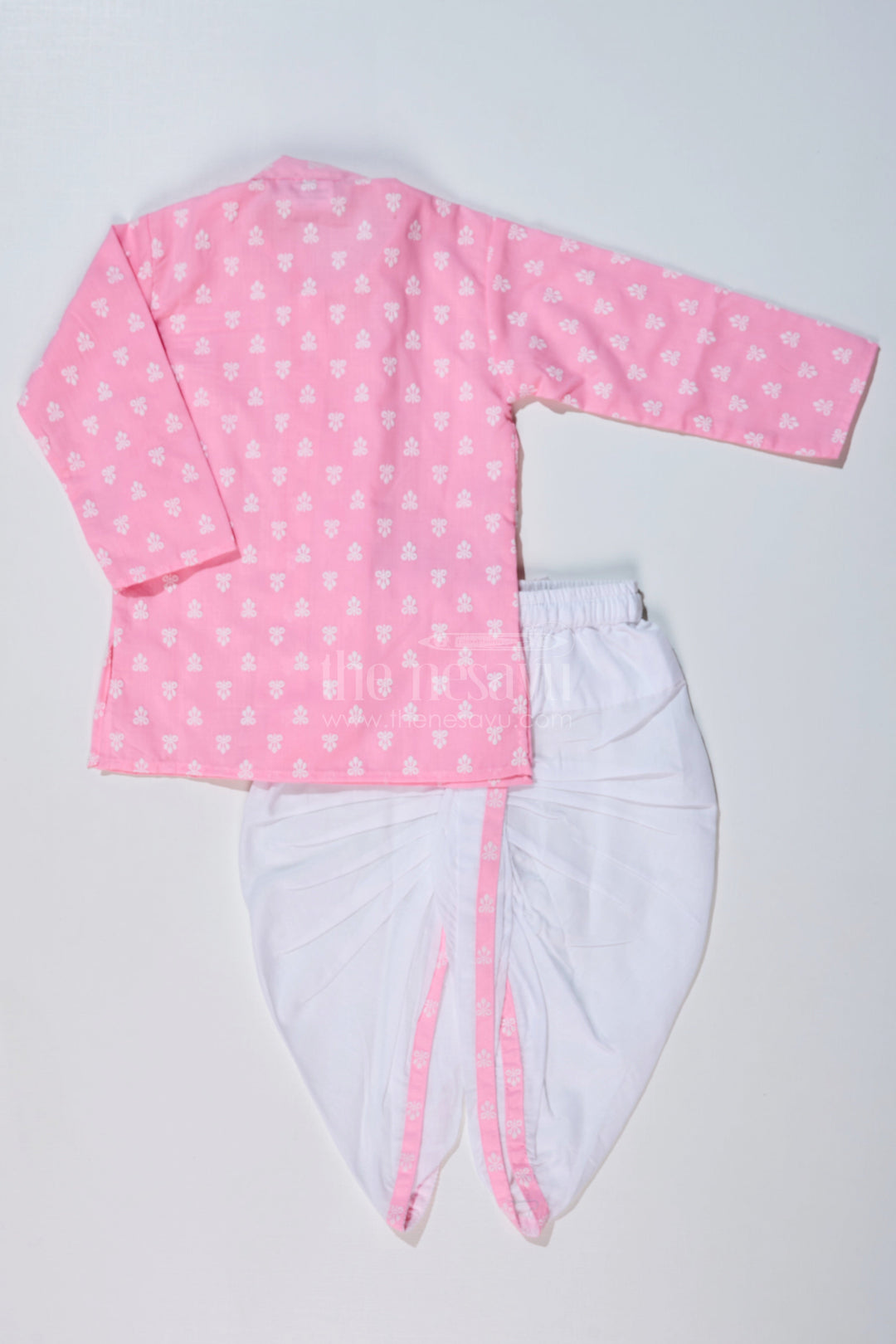 The Nesavu Boys Dothi Set Boys Pink Dhoti Kurta for Pooja with Chikankari Embroidery and White Dhoti Nesavu Boys Pink Chikankari Embroidered Dhoti Kurta Festive Pooja Wear | The Nesavu