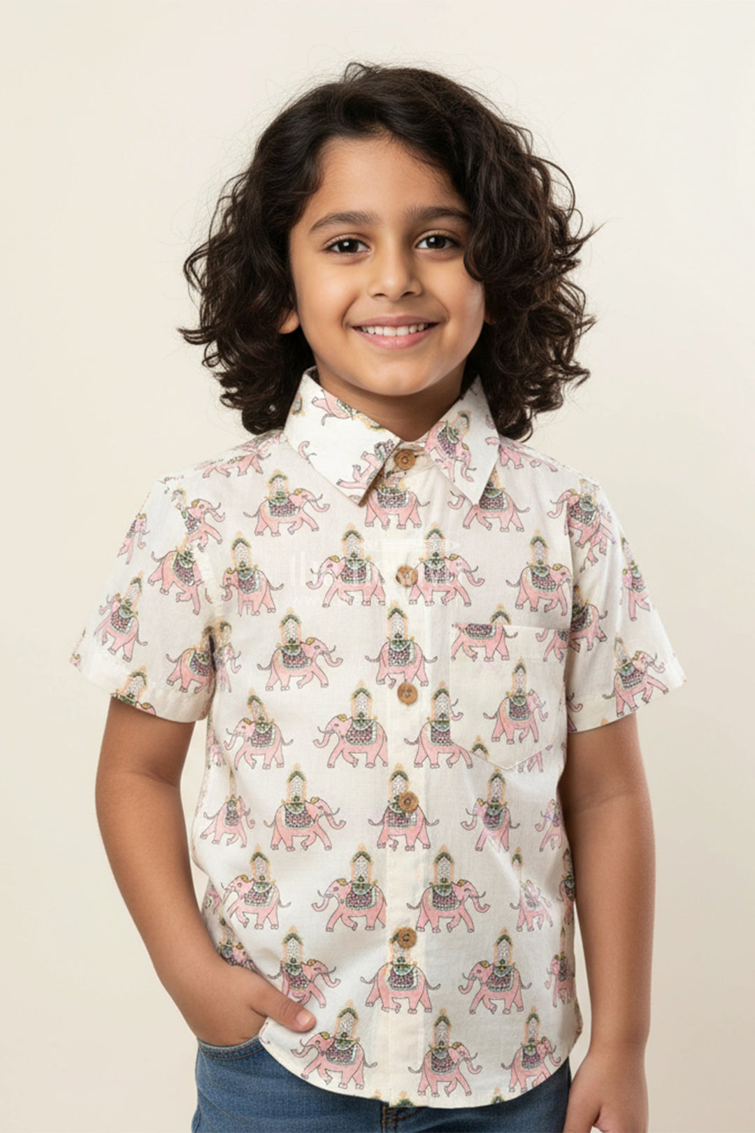 The Nesavu Boys Cotton Shirt Boys Pink Elephant Print Shirt for Festive Functions and Temple Visits Nesavu 20 (3Y) / Pink BS330A-20 Nesavu boys pink cotton shirt royal elephant print  ideal weddings temple visits
