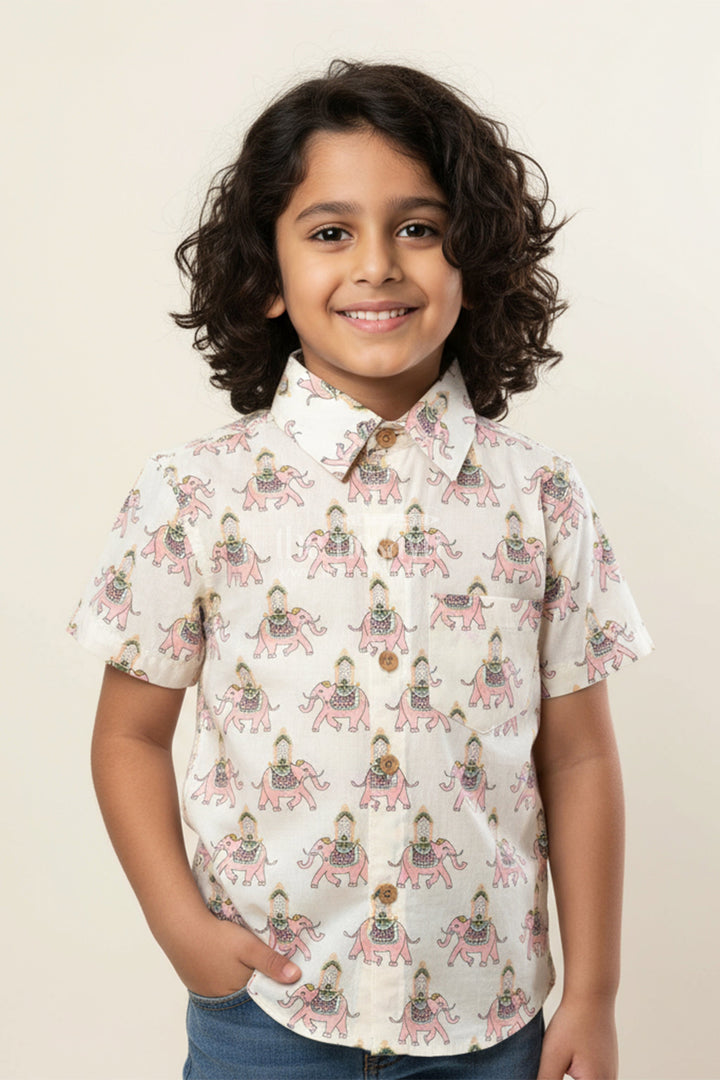 The Nesavu Boys Cotton Shirt Boys Pink Elephant Print Shirt for Festive Functions and Temple Visits Nesavu 20 (3Y) / Pink BS330A-20 Nesavu boys pink cotton shirt royal elephant print  ideal weddings temple visits