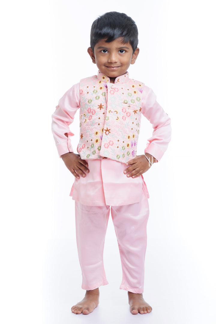 The Nesavu Boys Jacket Sets Boys Pink Embroidered Jacket with Kurta and Dhoti Pant Set Nesavu 12 (3M) / Pink / Blend Silk BES524B-12 Boys Festive Pink Embroidered Jacket  Dhoti Set | The Nesavu