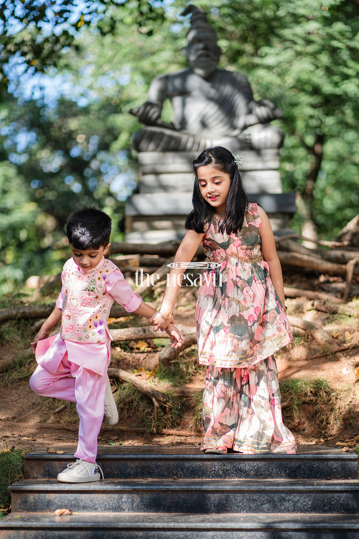 The Nesavu Boys Jacket Sets Boys Pink Embroidered Jacket with Kurta and Dhoti Pant Set Nesavu Boys Festive Pink Embroidered Jacket Dhoti Set | The Nesavu