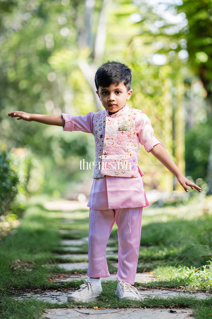 The Nesavu Boys Jacket Sets Boys Pink Embroidered Jacket with Kurta and Dhoti Pant Set Nesavu Boys Festive Pink Embroidered Jacket Dhoti Set | The Nesavu