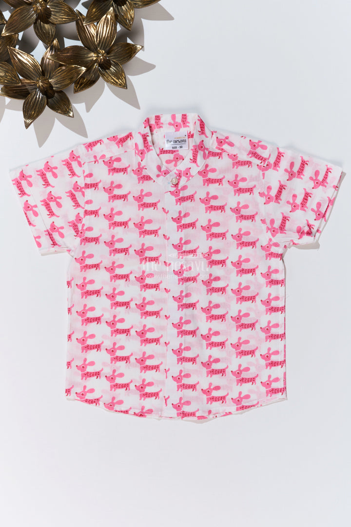 The Nesavu Boys Cotton Shirt Boys Pink Half Shirt in Cotton Block Print with Adorable Dog Design Nesavu 16 (1Y) / Pink BS245D-16 Boys Pink Half Shirt Cotton Block Print Cute Dog Pattern | The Nesavu
