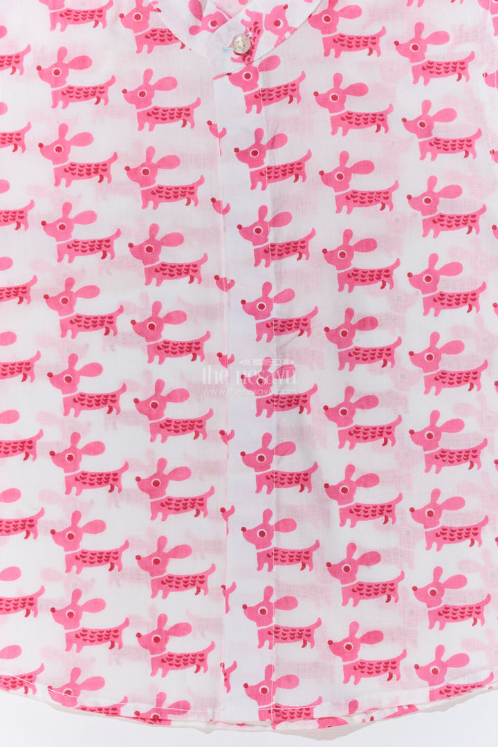 The Nesavu Boys Cotton Shirt Boys Pink Half Shirt in Cotton Block Print with Adorable Dog Design Nesavu Boys Pink Half Shirt Cotton Block Print Cute Dog Pattern | The Nesavu