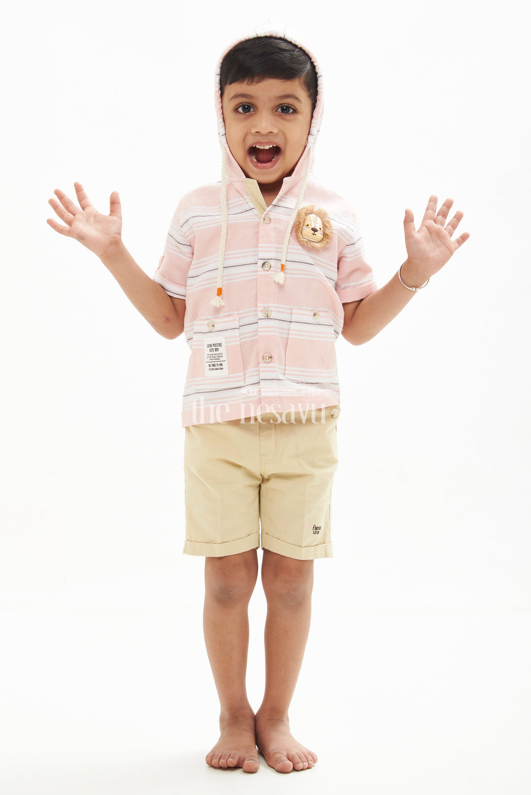 The Nesavu Boys Casual Set Boys' Pink Hoodie Style Shirt & Shorts Set with Lion Embellishment Nesavu 16 (1Y) / Pink BCS067A-16 Boys' Pink Hoodie Shirt & Shorts Set with Lion Embellishment