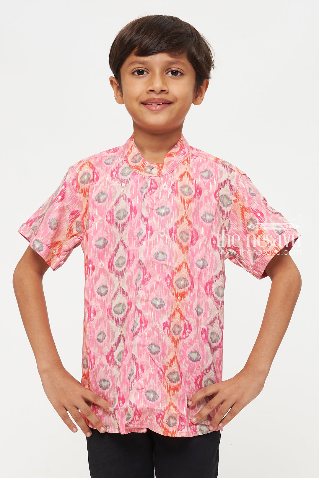 The Nesavu Boys Cotton Shirt Boys Pink Ikat Print Rayon Shirt – Vibrant Ethnic Wear for Kids Nesavu Boys Ikat Print Rayon Shirt | Vibrant Ethnic Wear for Kids | The Nesavu