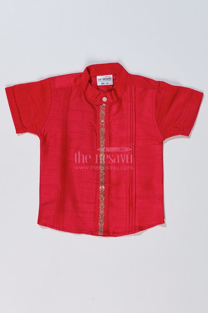 The Nesavu Boys Silk Shirt Boys Pink Shirt Half Sleeve with Silk Blend Fabric and Decorative Embroidery for Special Occasions Nesavu 16 (1Y) / Pink BS230B-16 Boys Pink Half Sleeve Silk Shirt Decorative Embroidery Festive Wear | The Nesavu
