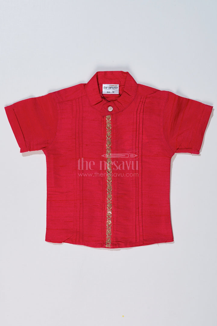 The Nesavu Boys Silk Shirt Boys Pink Shirt Silk with Embroidered Front Panel and Short Sleeves for Traditional Wear Nesavu 16 (1Y) / Pink BS230A-16 Boys Pink Silk Shirt Embroidered Front Panel Short Sleeves Festive Wear | The Nesavu