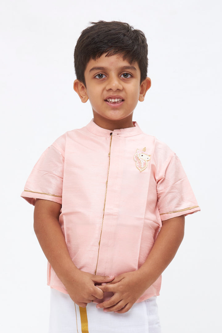 The Nesavu Boys Silk Shirt Boys Pink Silk Shirt with Ornate Embellishment Nesavu 14 (6M) / Pink / Blend Silk BS113B-14 Boys Pink Silk Shirt | The Nesavu