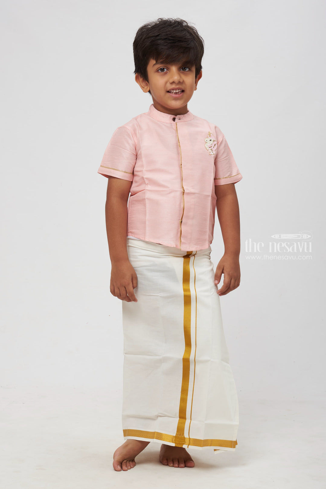 The Nesavu Boys Silk Shirt Boys Pink Silk Shirt with Ornate Embellishment Nesavu 16 (1Y) / Pink / Blend Silk BS113A-16 Nesavu Boys Pink Silk Shirt | Ornate Embellishment | Traditional Celebration Wear | The Nesavu