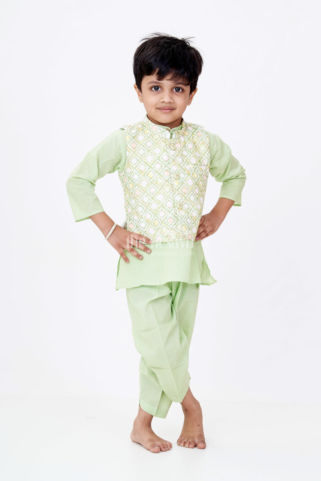 The Nesavu Boys Kurtha Set Boys Pista Green Kurta with Jacket Set in Silk Blend Featuring Geometric Festive Patterns Nesavu 12 (3M) / Green BES669A-12 Boys Pista Green Silk Kurta Printed Jacket Pants Ethnic Festive Wear | The Nesavu