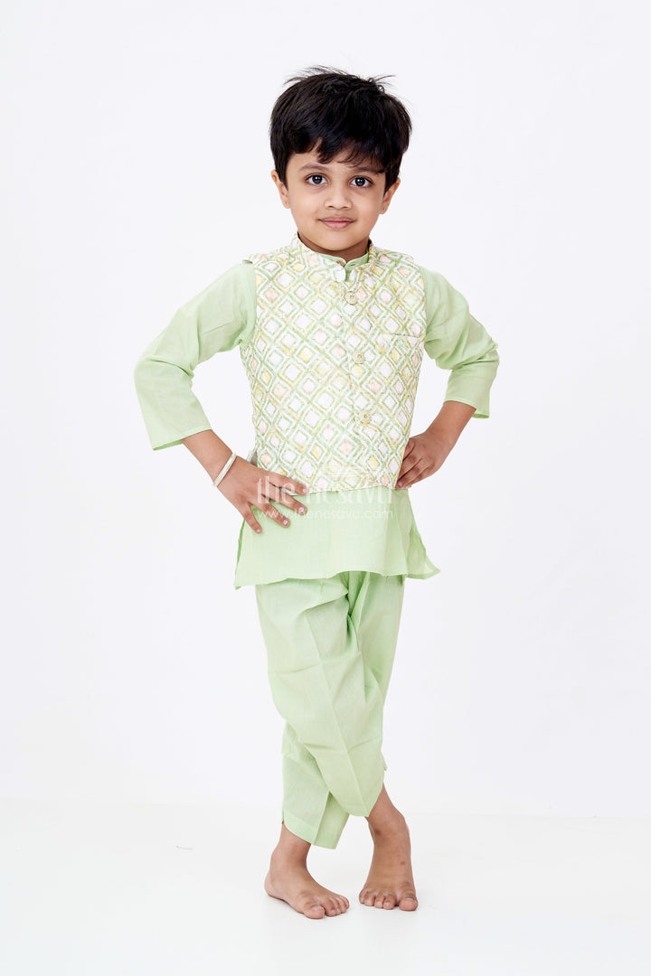 The Nesavu Boys Kurtha Set Boys Pista Green Kurta with Jacket Set in Silk Blend Featuring Geometric Festive Patterns Nesavu 12 (3M) / Green BES669A-12 Boys Pista Green Silk Kurta Printed Jacket Pants Ethnic Festive Wear | The Nesavu