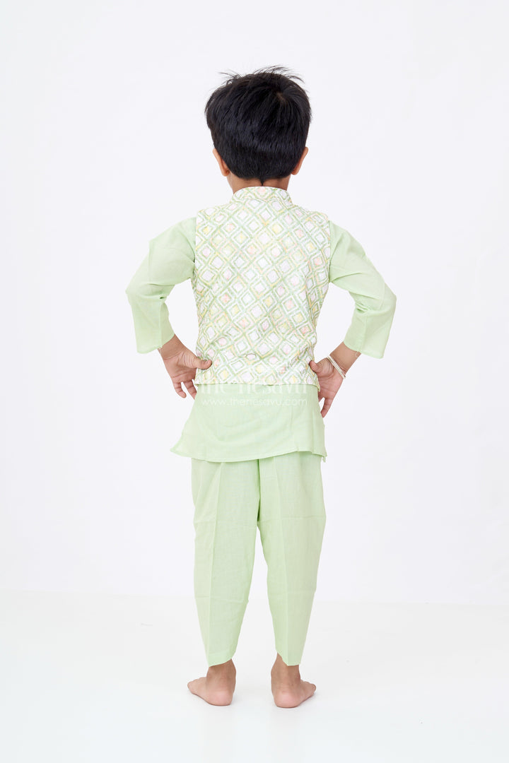 The Nesavu Boys Kurtha Set Boys Pista Green Kurta with Jacket Set in Silk Blend Featuring Geometric Festive Patterns Nesavu Boys Pista Green Silk Kurta Printed Jacket Pants Ethnic Festive Wear | The Nesavu
