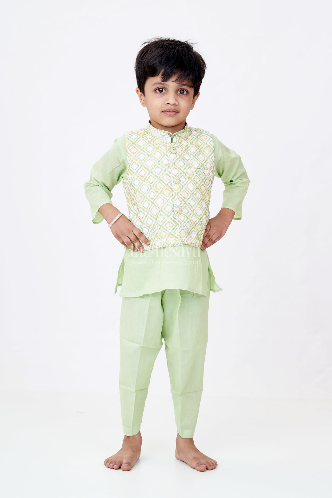 The Nesavu Boys Kurtha Set Boys Pista Green Kurta with Jacket Set in Silk Blend Featuring Geometric Festive Patterns Nesavu Boys Pista Green Silk Kurta Printed Jacket Pants Ethnic Festive Wear | The Nesavu