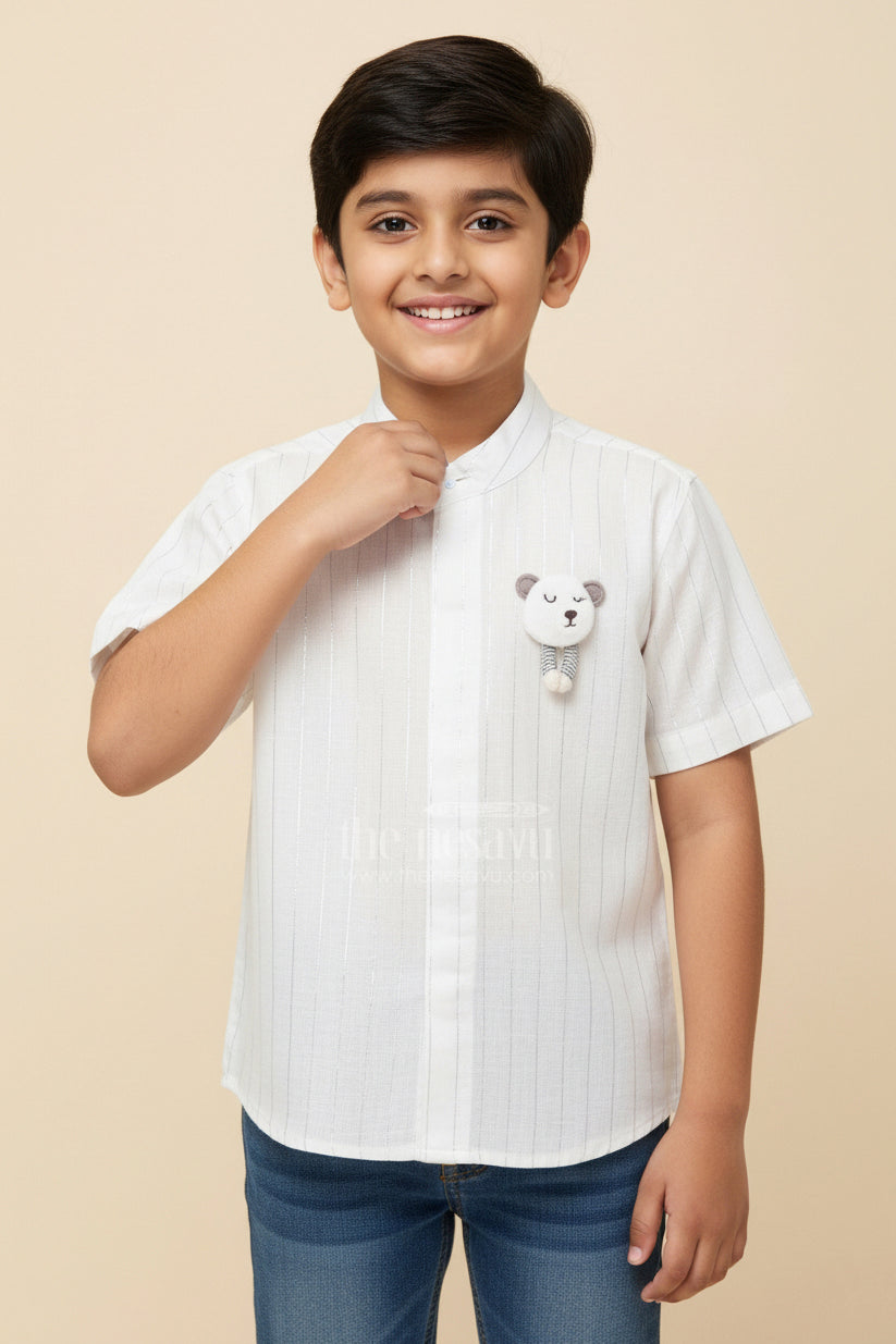 The Nesavu Boys Cotton Shirt Boys Plain White Shirt with Vertical Thread Lines and Cute Bear Patch On Cotton Blend Fabric Nesavu 16 (1Y) / White BS288A-16 Nesavu Boys Plain White Shirt Cotton Blend Thread Detailing Embellished Bear Patch