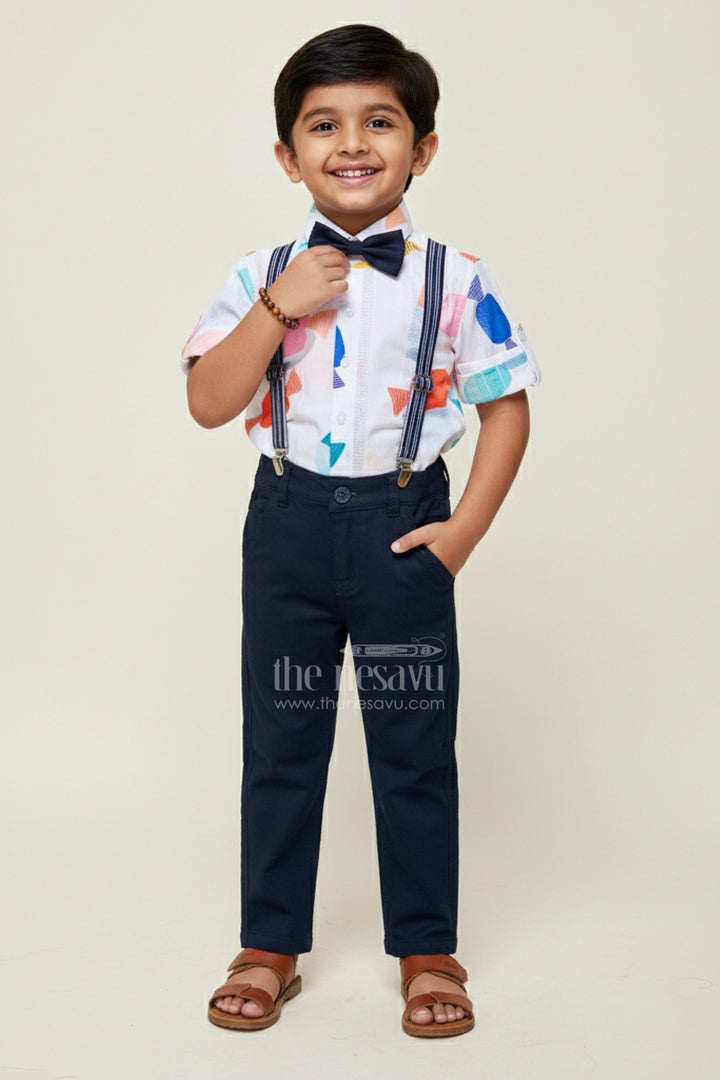 The Nesavu Boys Casual Set Boys Playful Cotton Shirt and Pant Set with Suspenders and Bow Tie Nesavu 16 (1Y) / Blue BCS438A-16 Nesavu boys cotton shirt pant set fun abstract print bow tie suspenders