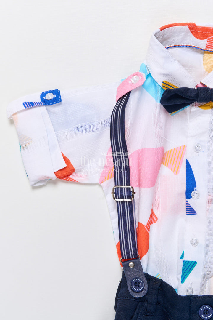 The Nesavu Boys Casual Set Boys Playful Cotton Shirt and Pant Set with Suspenders and Bow Tie Nesavu Nesavu boys cotton shirt pant set fun abstract print bow tie suspenders