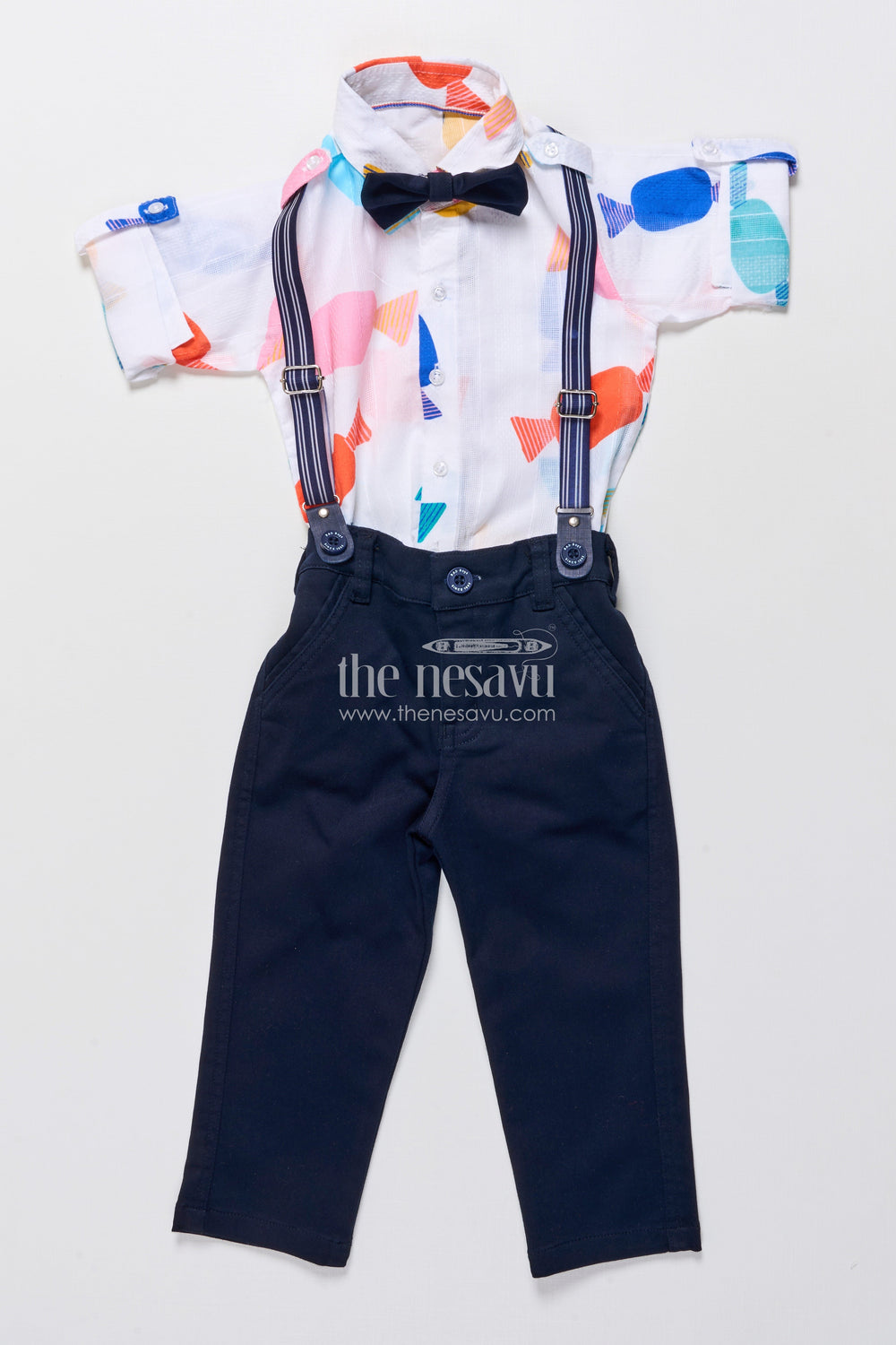 The Nesavu Boys Casual Set Boys Playful Cotton Shirt and Pant Set with Suspenders and Bow Tie Nesavu Nesavu boys cotton shirt pant set fun abstract print bow tie suspenders