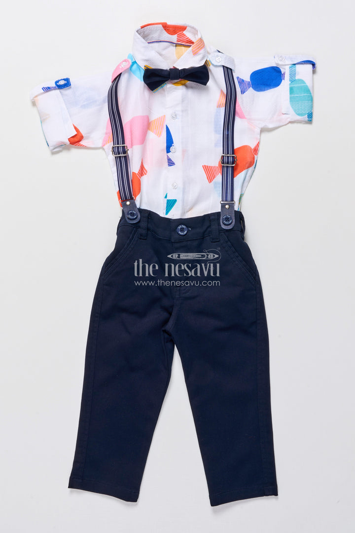The Nesavu Boys Casual Set Boys Playful Cotton Shirt and Pant Set with Suspenders and Bow Tie Nesavu Nesavu boys cotton shirt pant set fun abstract print bow tie suspenders