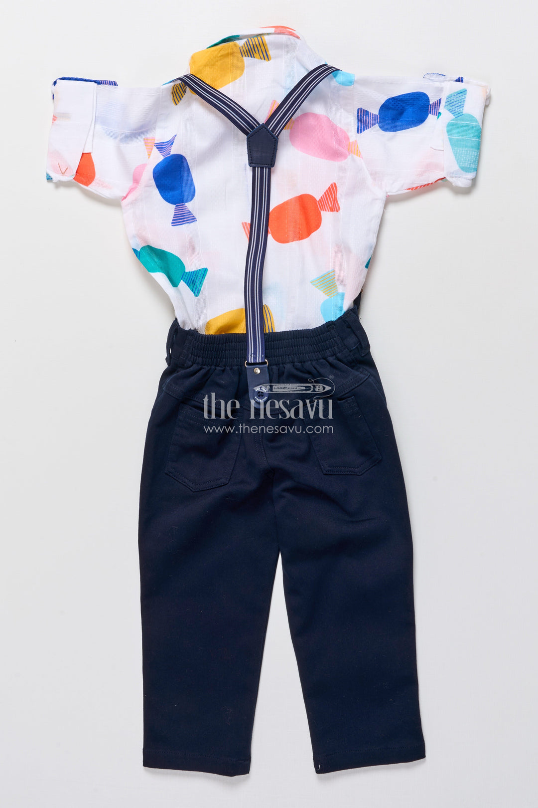 The Nesavu Boys Casual Set Boys Playful Cotton Shirt and Pant Set with Suspenders and Bow Tie Nesavu Nesavu boys cotton shirt pant set fun abstract print bow tie suspenders