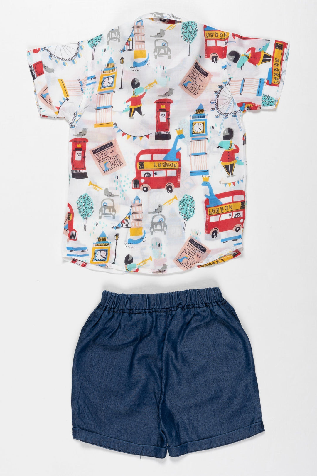 The Nesavu Boys Casual Set Boys Playful London-Themed Shirt & Shorts Set - Vibrant Summer Outfit Nesavu Shop Boys London Print Shirt & Navy Shorts | Fun & Casual Summer Set | The Nesavu