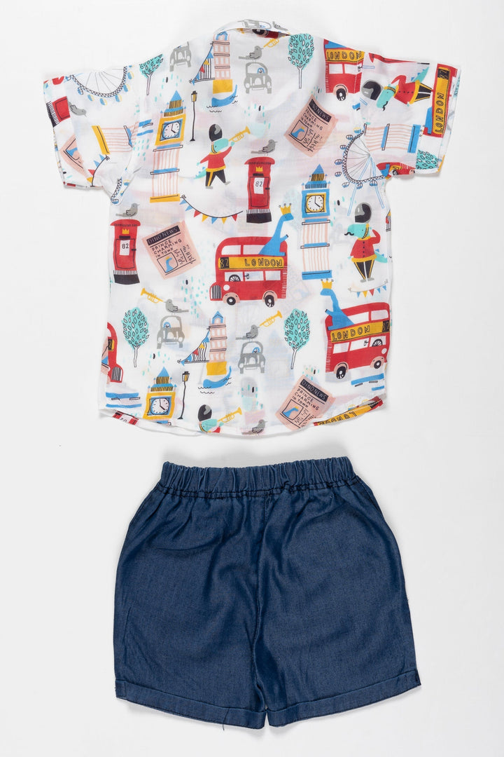 The Nesavu Boys Casual Set Boys Playful London-Themed Shirt & Shorts Set - Vibrant Summer Outfit Nesavu Shop Boys London Print Shirt & Navy Shorts | Fun & Casual Summer Set | The Nesavu