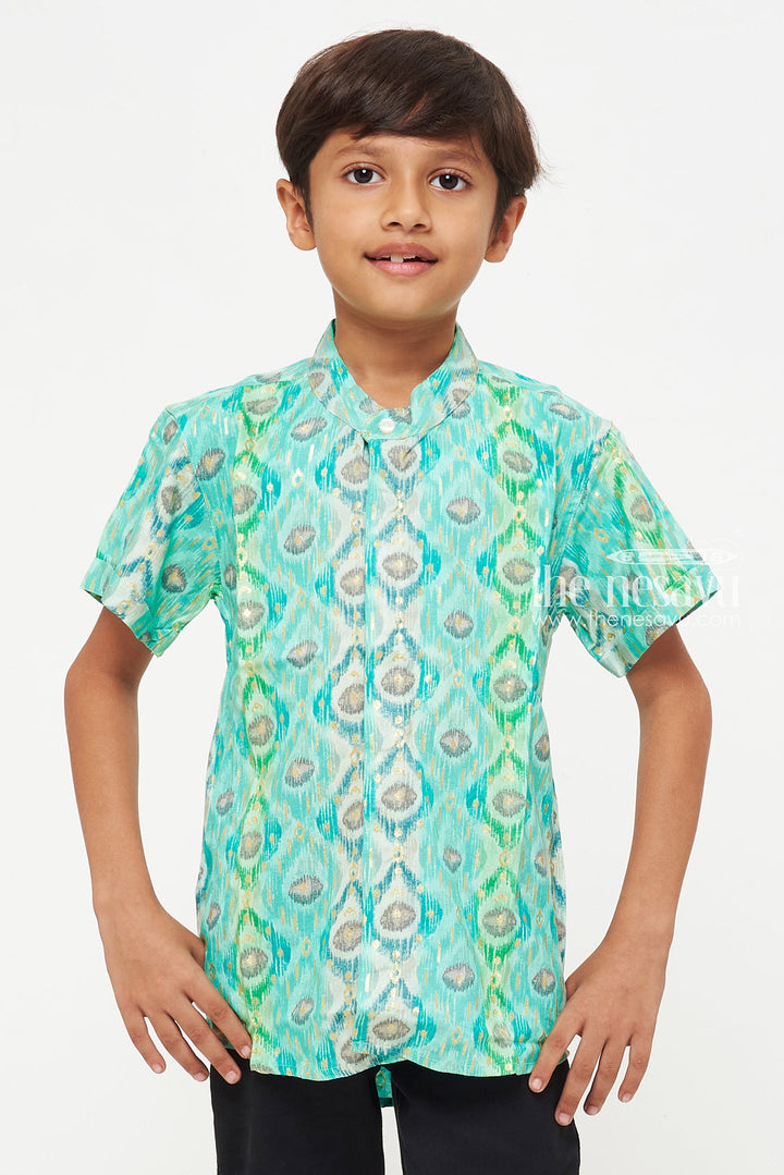 The Nesavu Boys Cotton Shirt Boys Premium Green Ikat Print Rayon Shirt – Lightweight and Stylish Nesavu Boys Premium Ikat Print Rayon Shirt | Lightweight and Stylish | The Nesavu